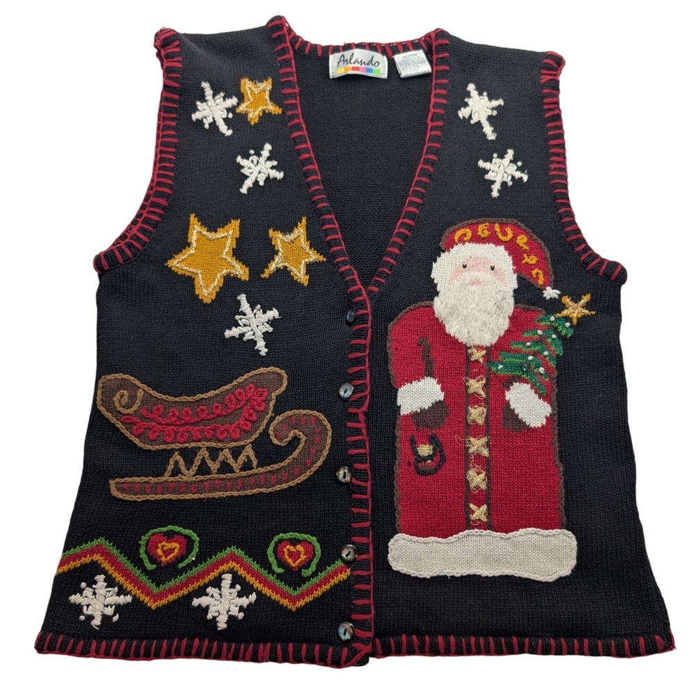 Arlando Christmas Sweater Vest Womens Medium Black Santa Sleigh Holiday